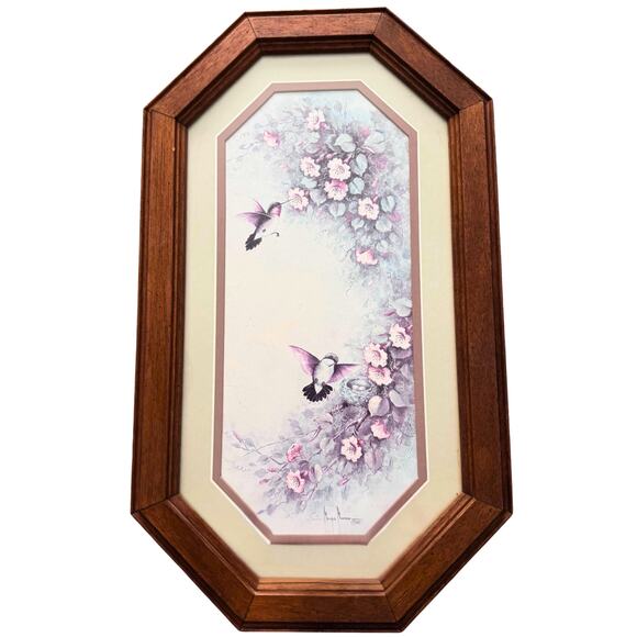 Vintage 1985 Hummingbird Floral Wall Art in Octagon Frame - Picture 1 of 10